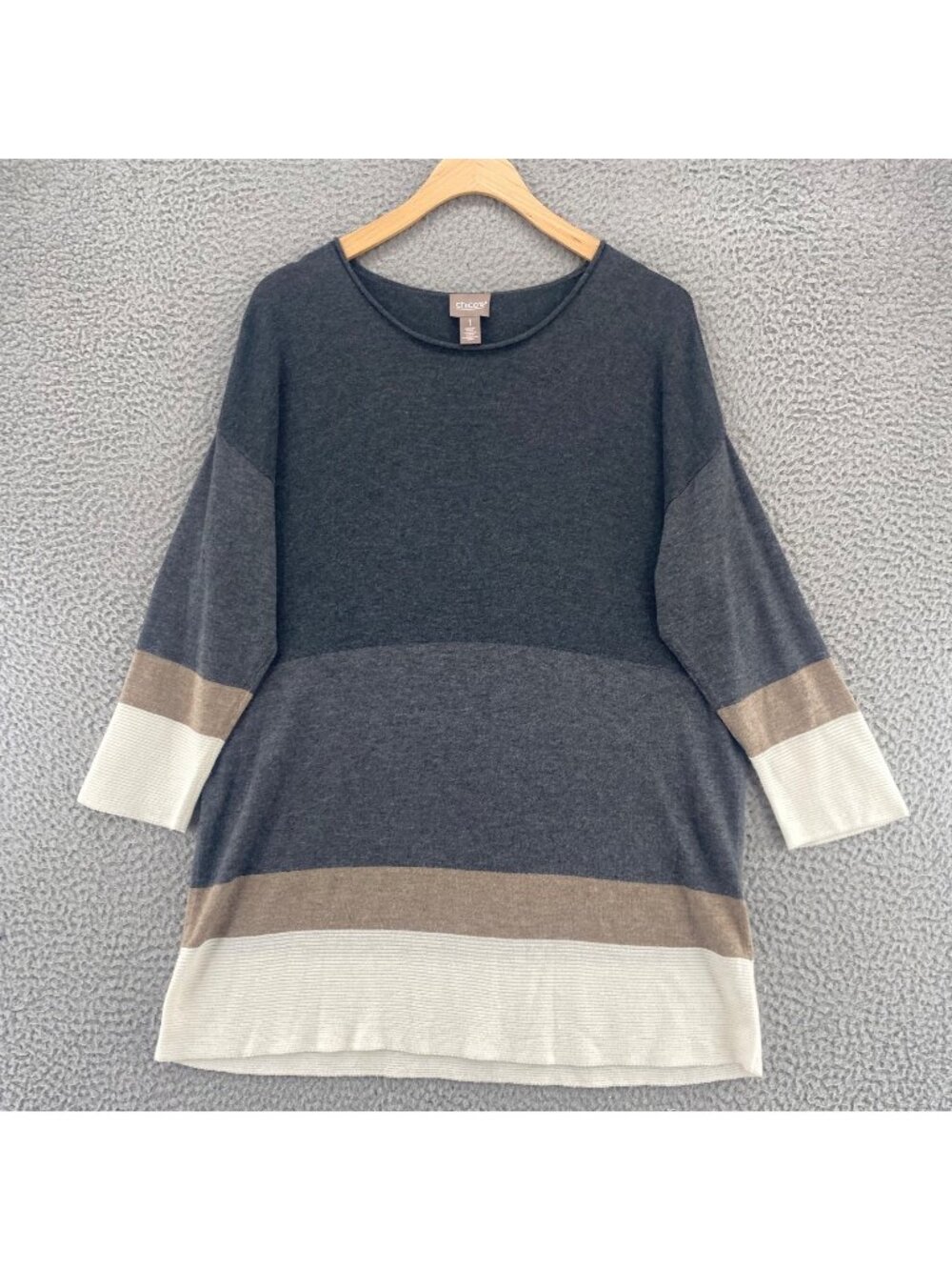Chicos Sweater Womens 1 US Medium Touch Of Cashmere Gray Colorblock Tunic Knit